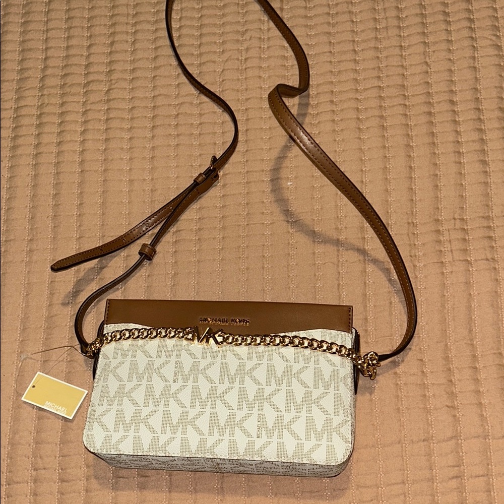 Michael Kors Cream and Brown Crossbody Bag with Adjustable Strap